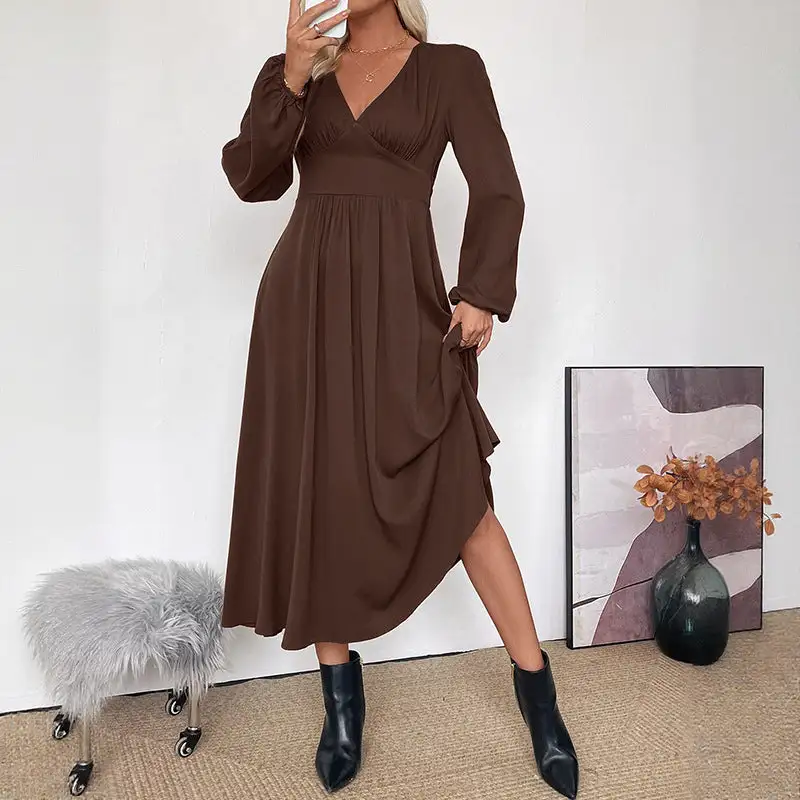Women's V-Neck Long-Sleeve Pocketed Maxi Dress
