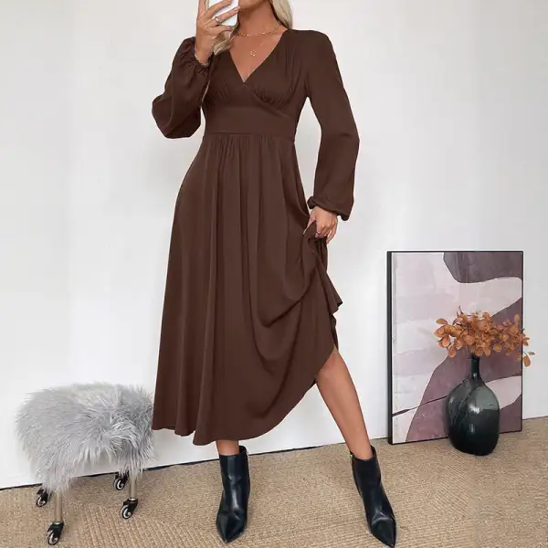 Women's V-Neck Long-Sleeve Pocketed Maxi Dress