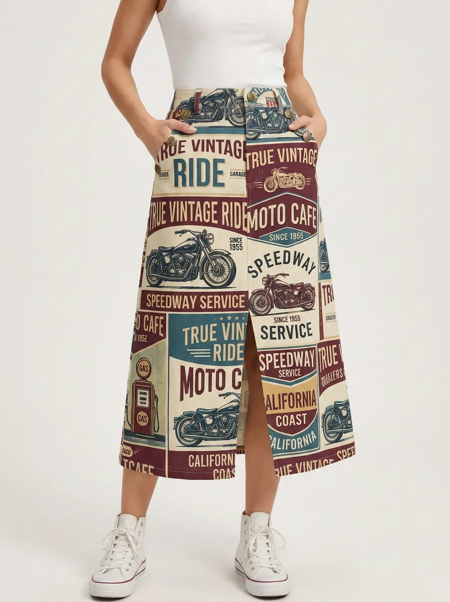 Women's Vintage Motorcycle Graphic Printed Midi Skirt