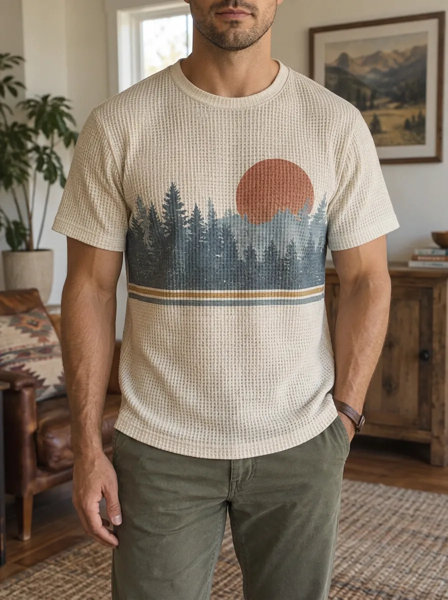 Men's Nature Lover Pine Forest Sunset Waffle Crew Neck T-Shirt