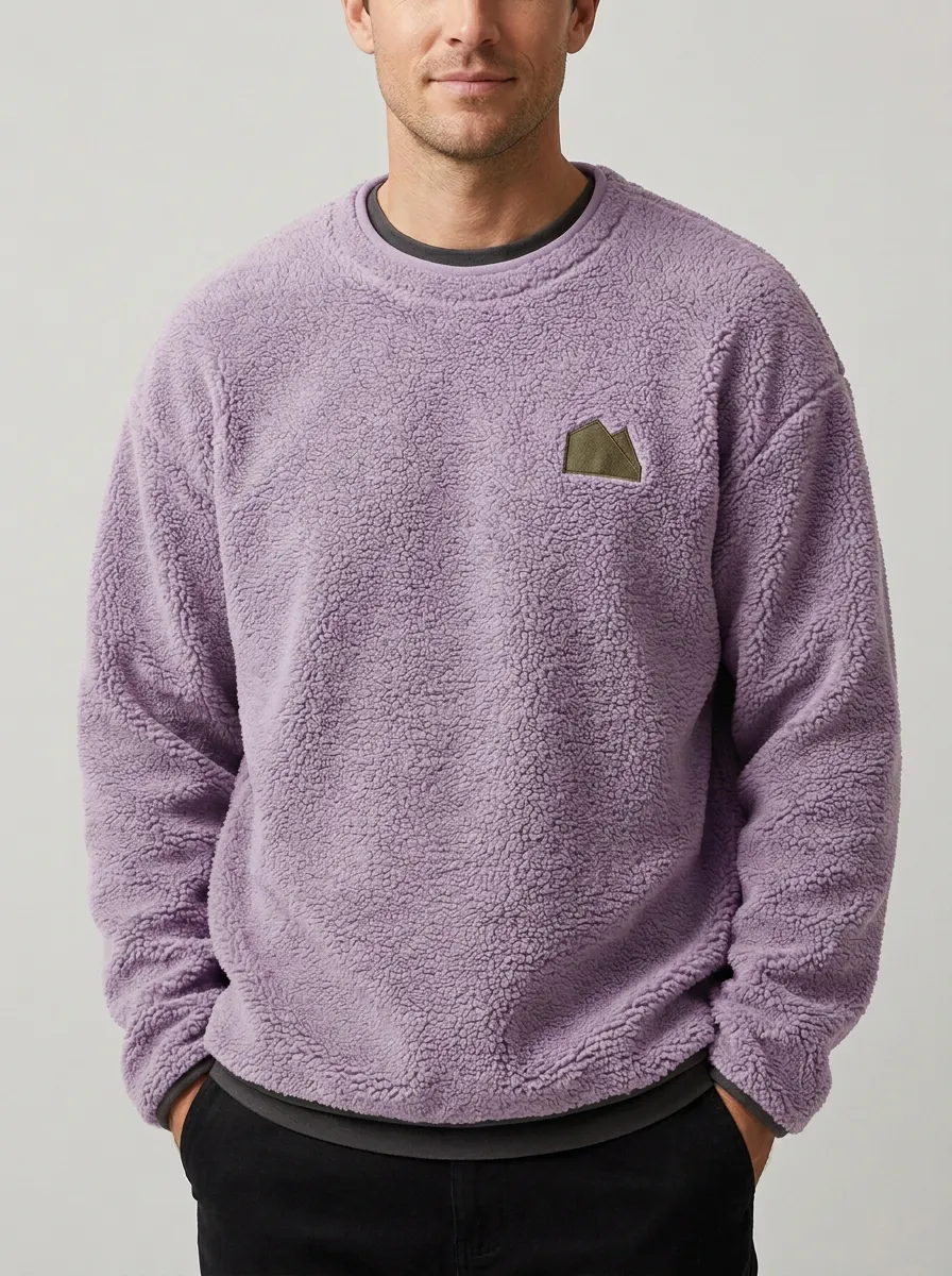 Traditional Mountain Graphic Embroidered Profile Men's Fleece Crewneck Sweatshirt