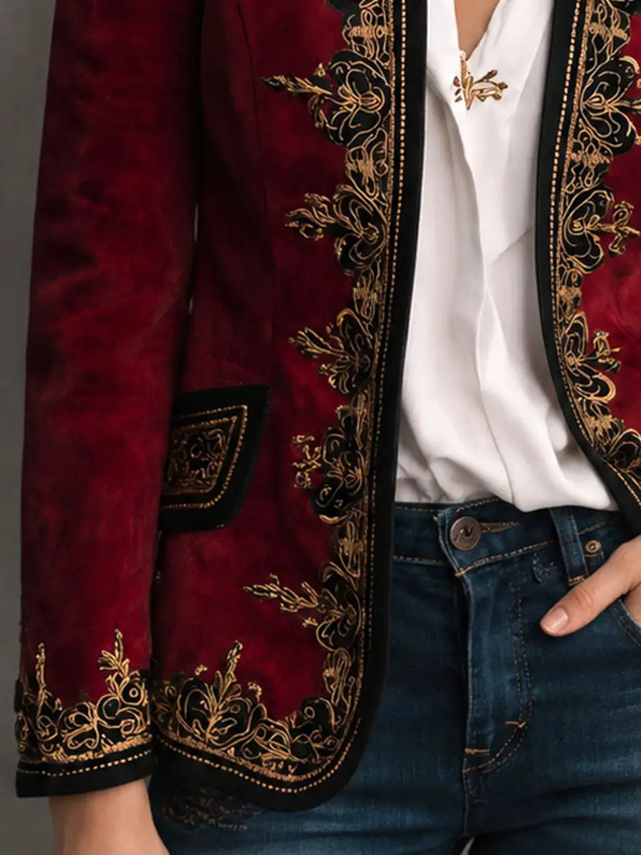 Boho Vintage Embroidered Microsuede Lapel‑less Blazer