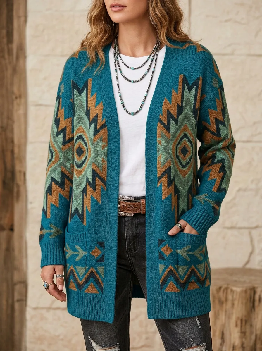 Women's Western Boho Geometric Cardigan