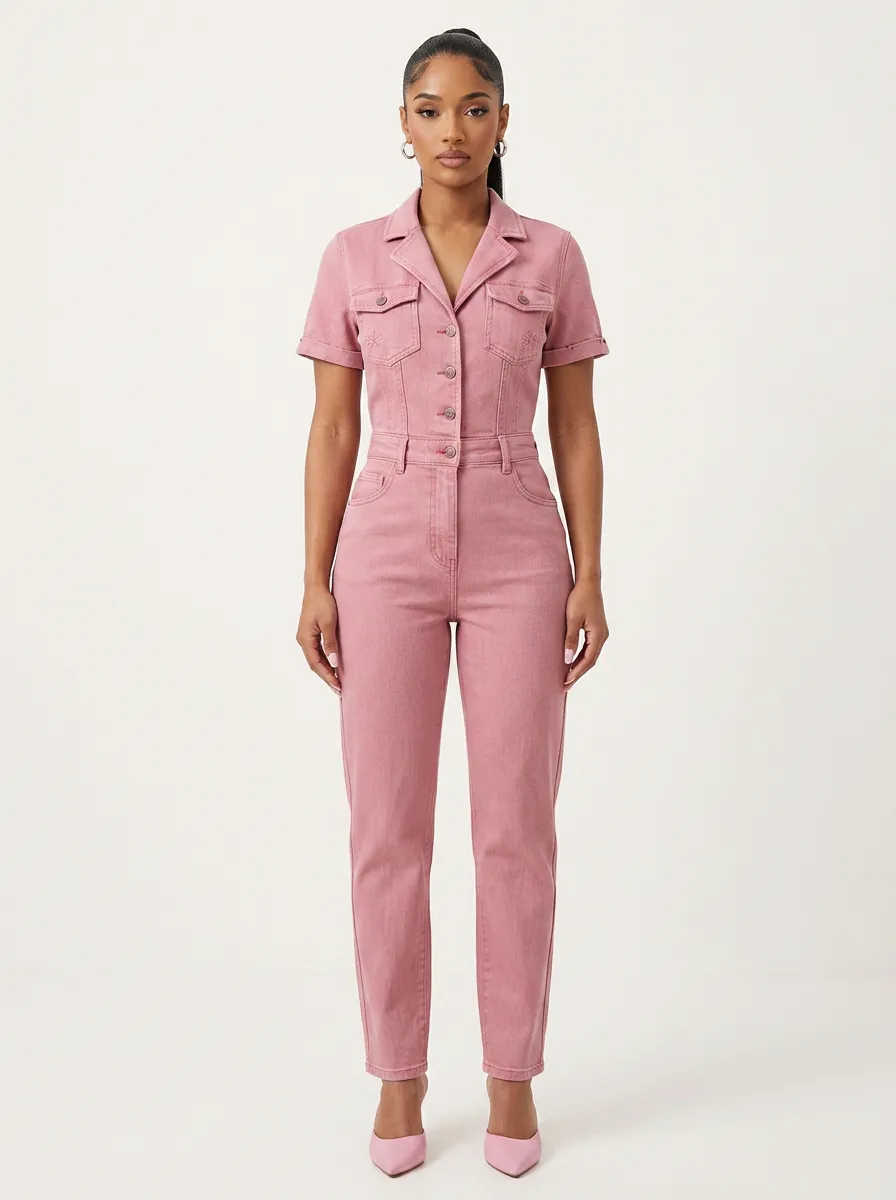Pink Contemporary Floral Embroidered Denim Jumpsuit