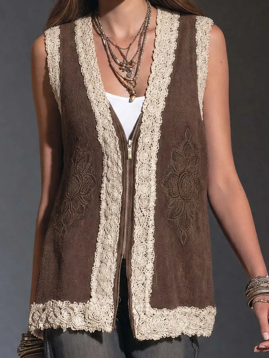 Boho Crochet Lace Trim Floral Embroidered Zip-Up Vest