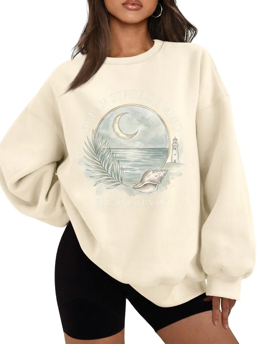Women's Beach Lover Ocean Lighthouse Seashell Printed Sweatshirt