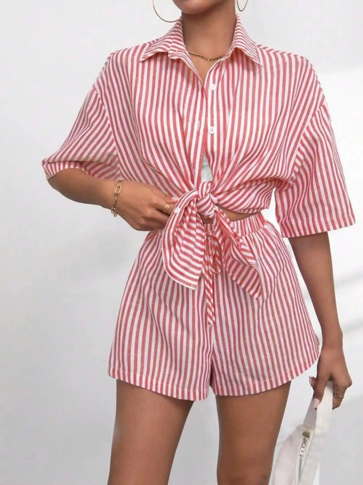 Refined Striped Shirt and Shorts Matching Set