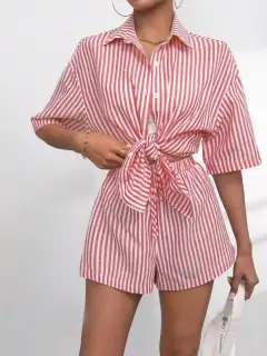 Refined Striped Shirt and Shorts Matching Set