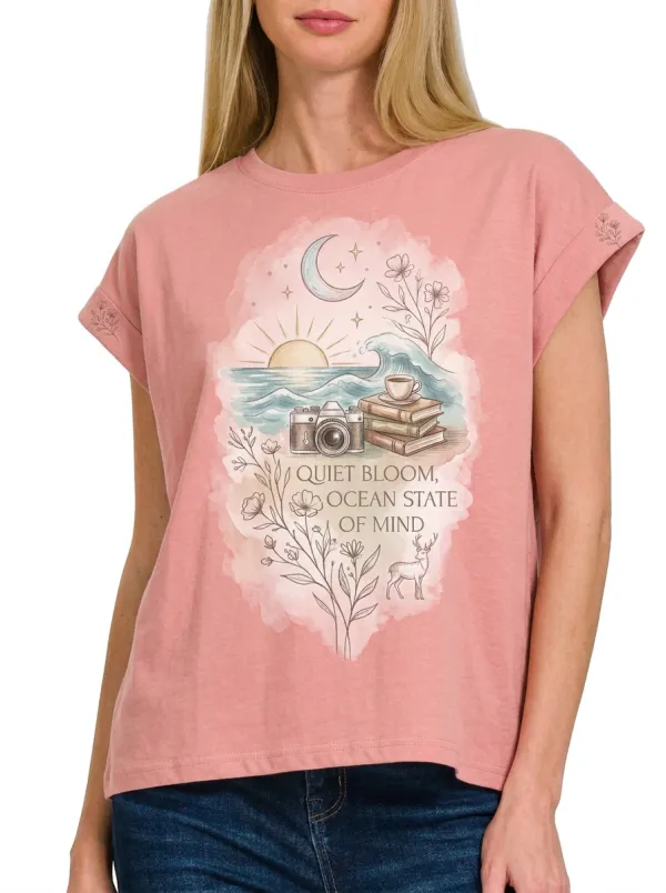 Women's Ocean Camera Books Floral Printed T-shirt