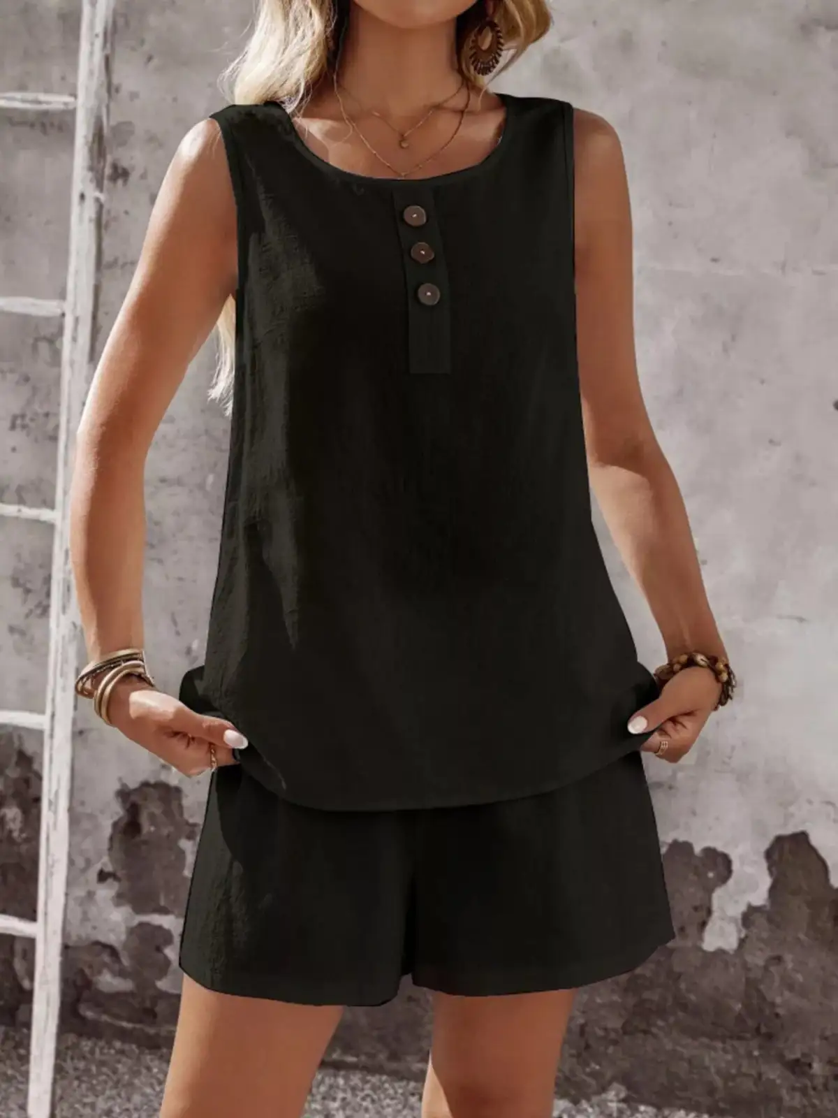 Round-Neck Button-Detail Cotton Shorts Matching Set