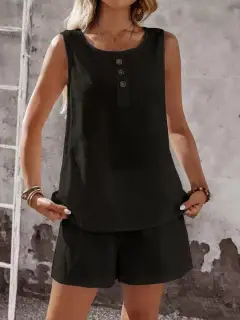 Round-Neck Button-Detail Cotton Shorts Matching Set