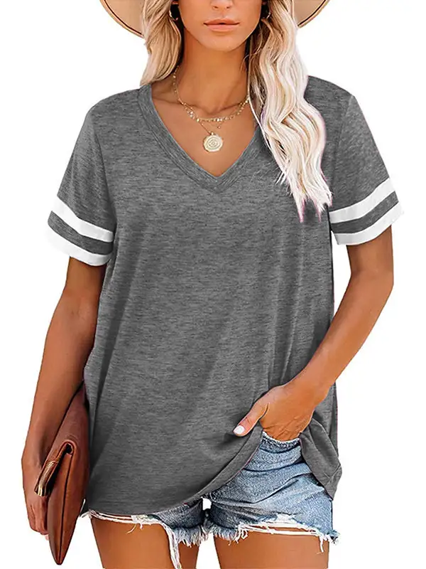 Relaxed Short Sleeve Contrast Stripe V-Neck T-Shirt