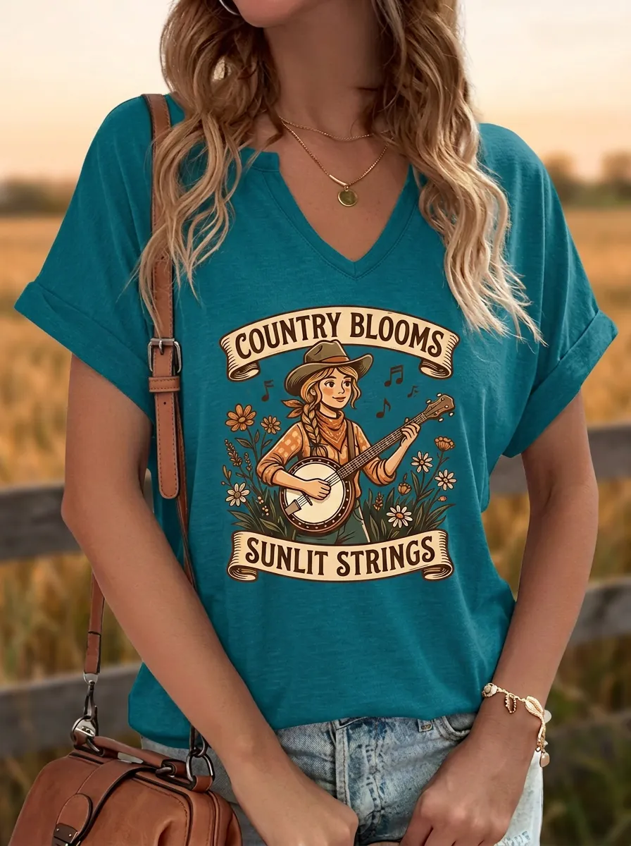 Ranch-Inspired Banjo Floral Women's Country Music V-Neck T-Shirt