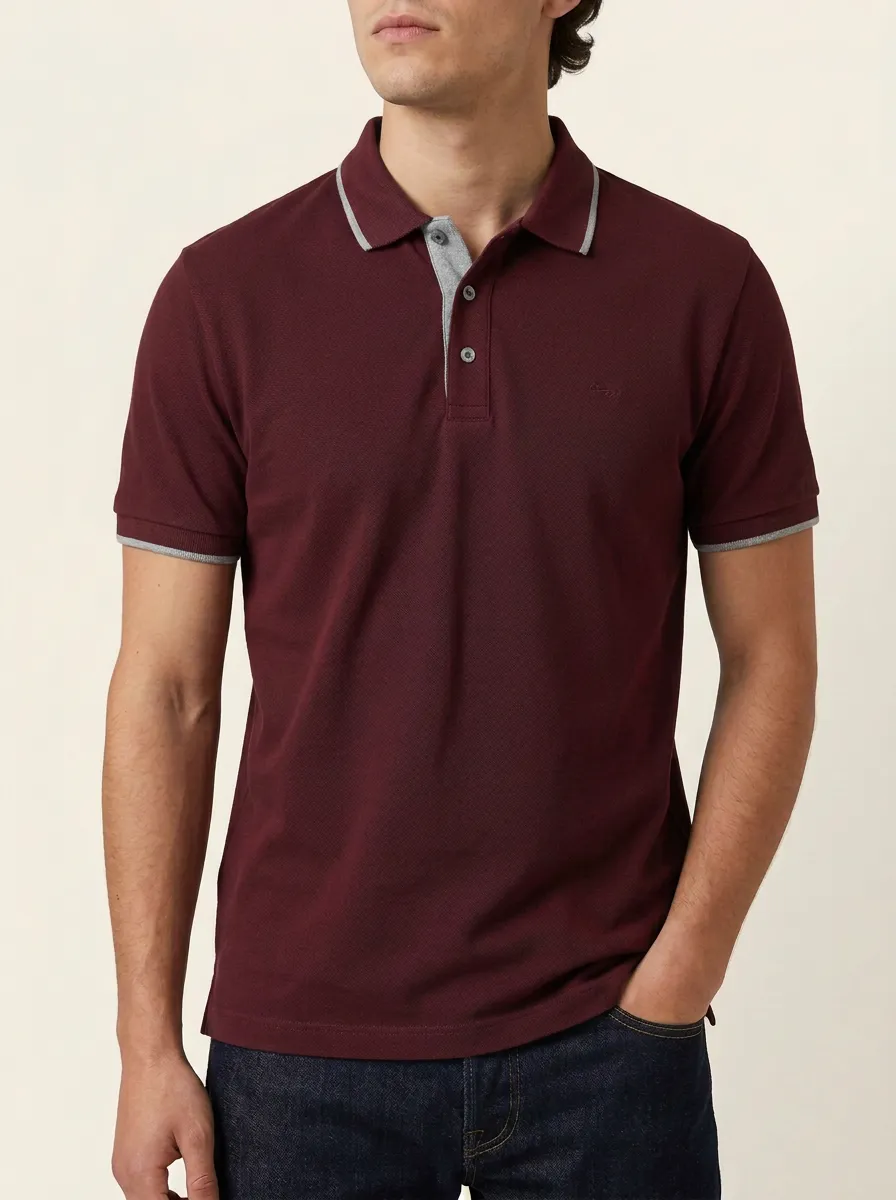 Men's Knit Textured Contrast-Collar Contrast-Trim Embroidered Polo Shirt
