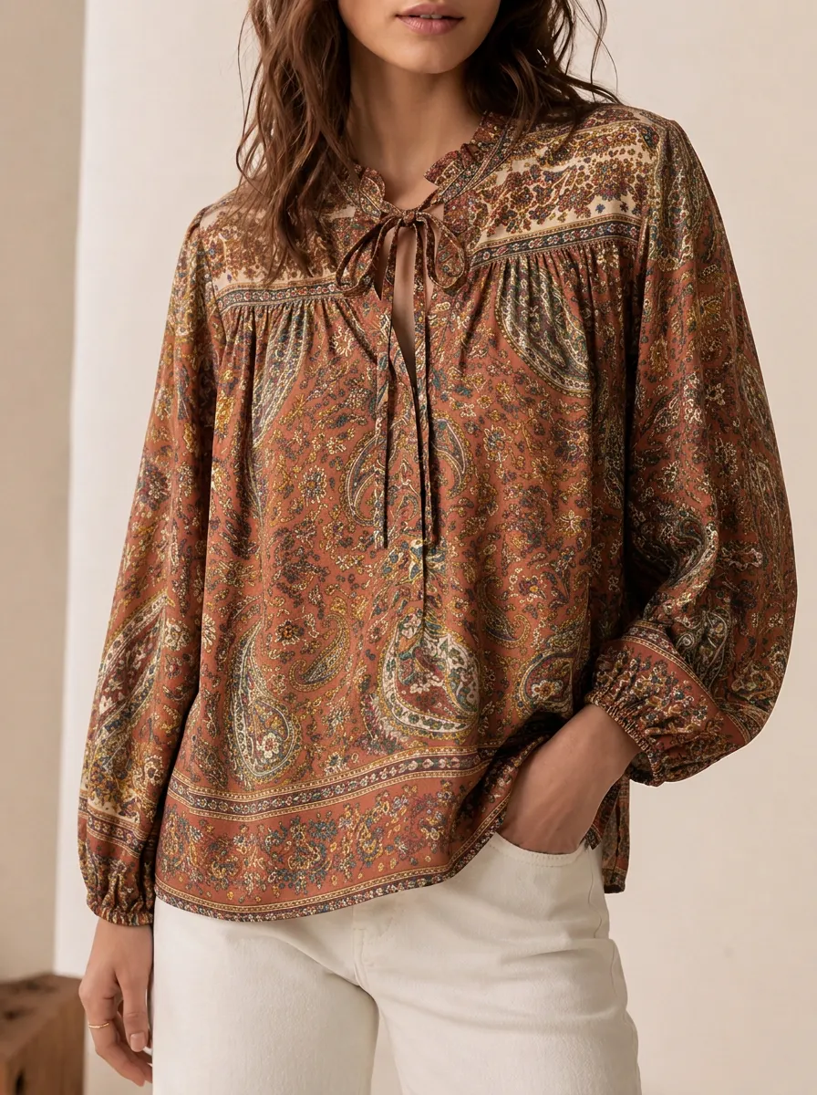 Women's Boho Vintage Paisley Floral Printed Tie-Neck Blouse