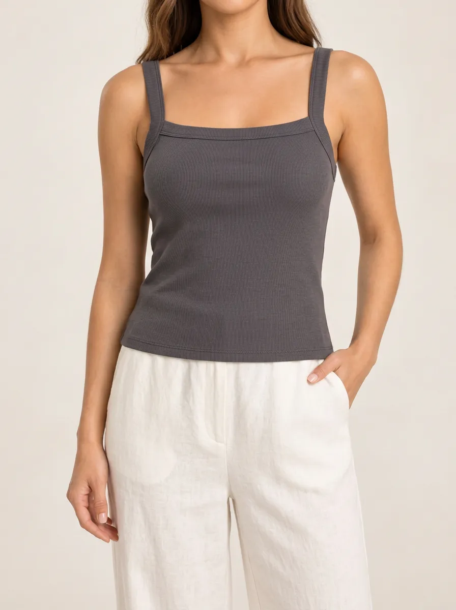 Women's Classic Square Neck Wide Strap Ribbed Straight Hem Camisole Top