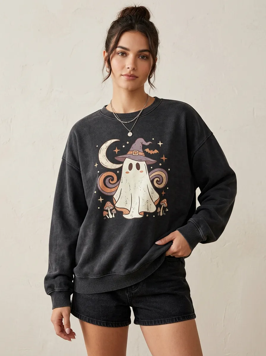 Women's Halloween Ghost Mushroom Moon Printed Sweatshirt