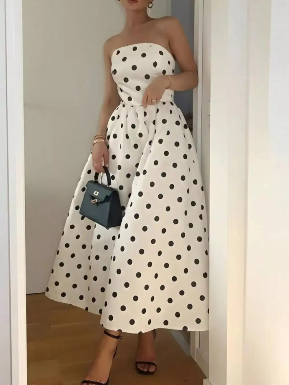 Strapless Polka-Dot Midi Dress