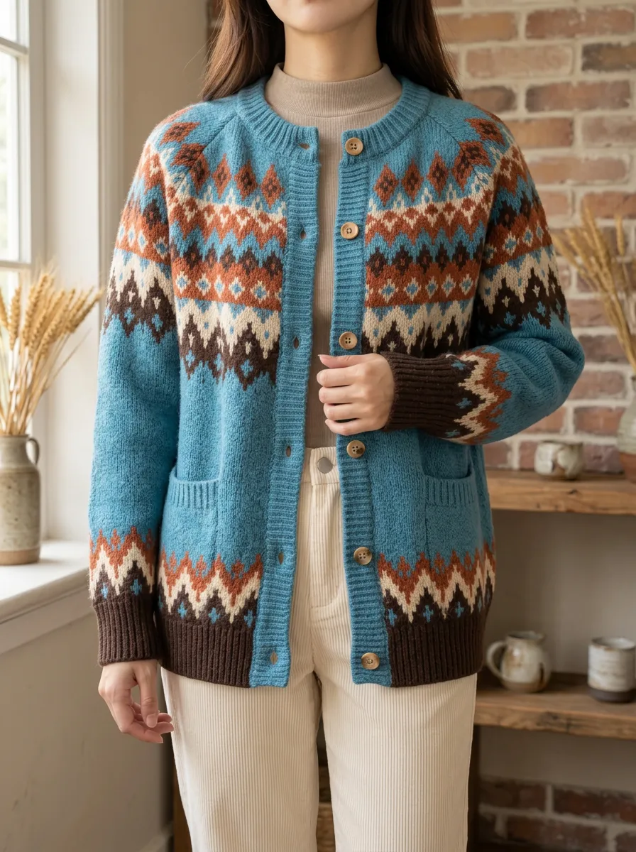 Women's Vintage Fair Isle Pattern Printed Hip Length Seasonal Layering Cardigan