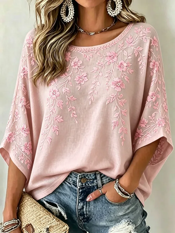 Women'S Cotton And Linen Floral Casual  Top