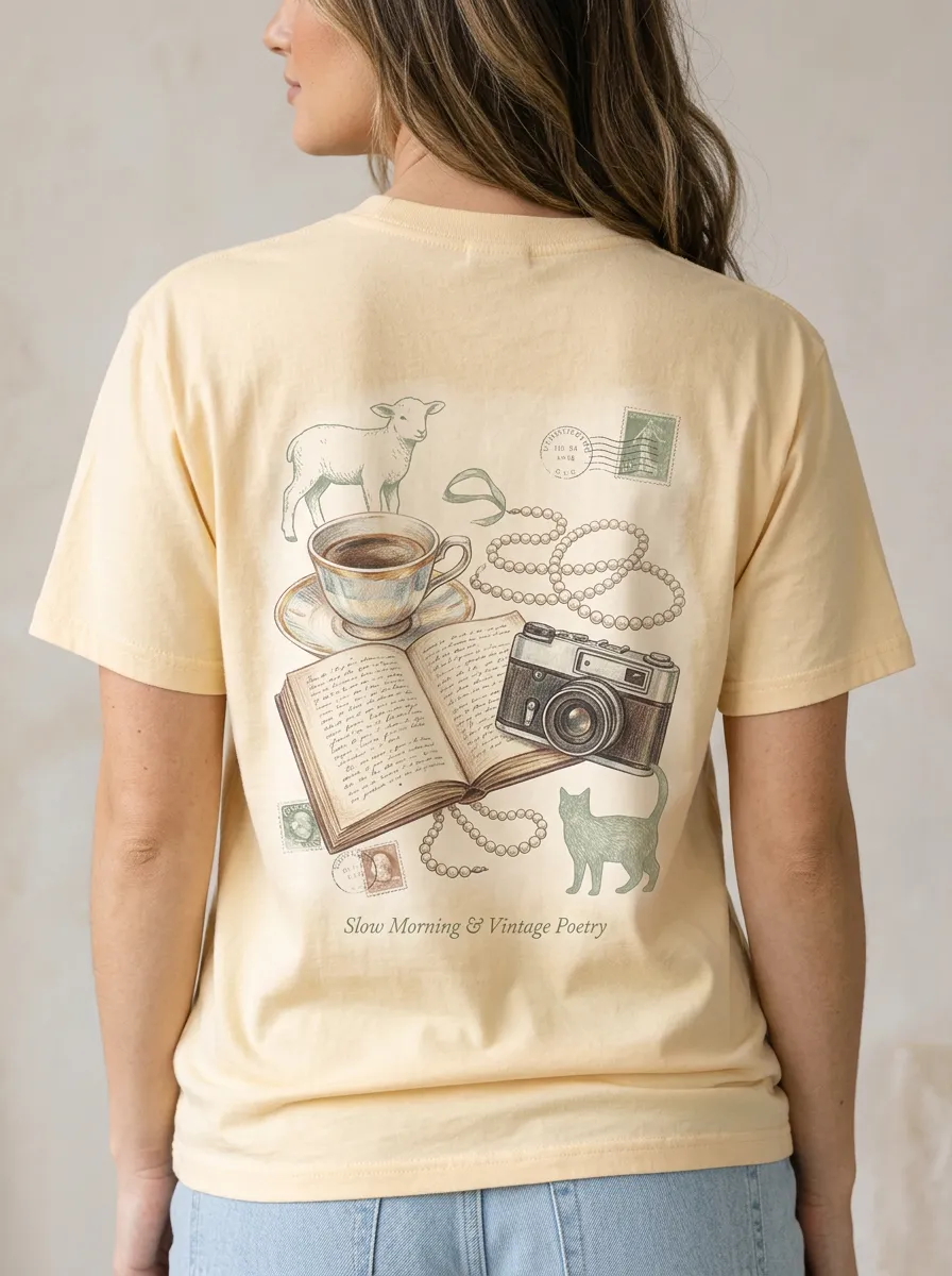 Women's Vintage Aesthetic Poetry Camera Coffee Printed T-shirt