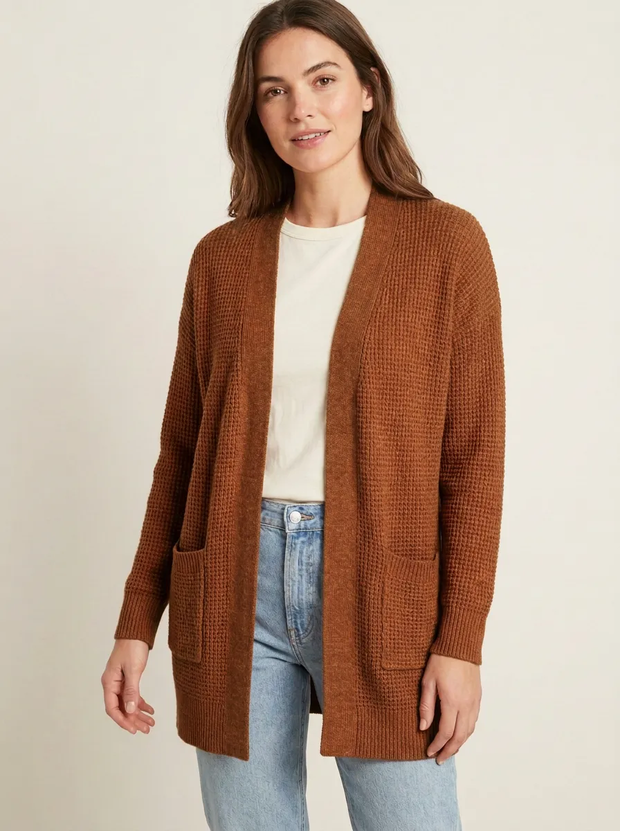 Structured Waffle-Knit Open-Front Knit Cardigan