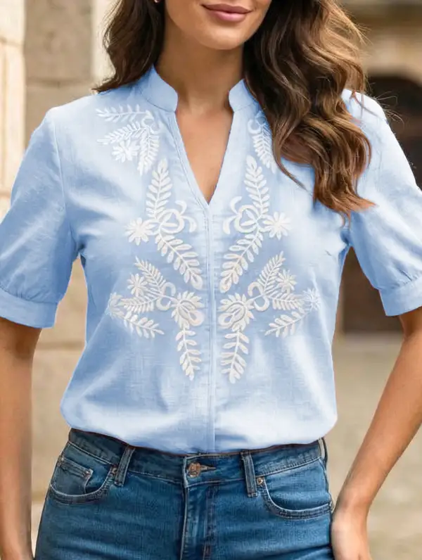 V Neck Embroidered Cotton Short Sleeve Blouse