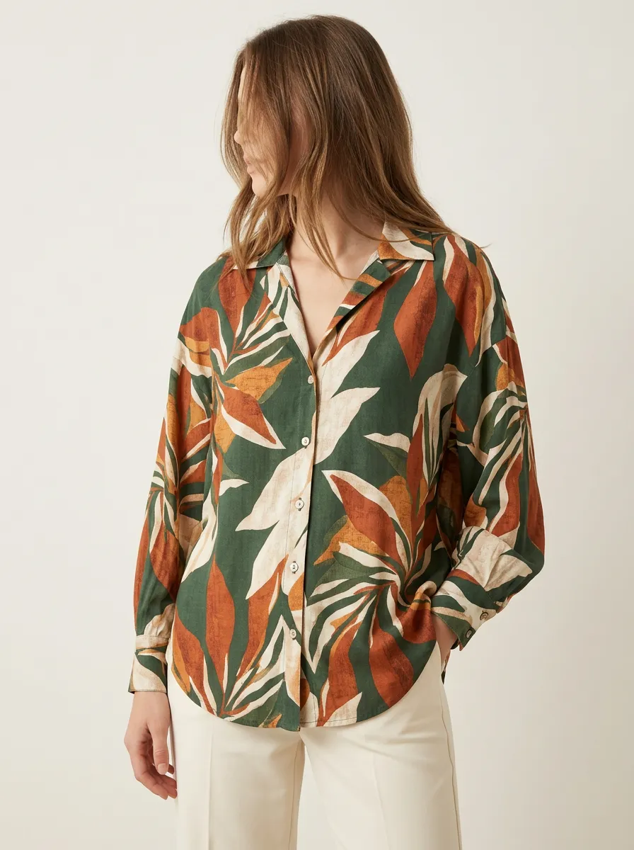 Women's Tropical Foliage Long Sleeve Print Shirt