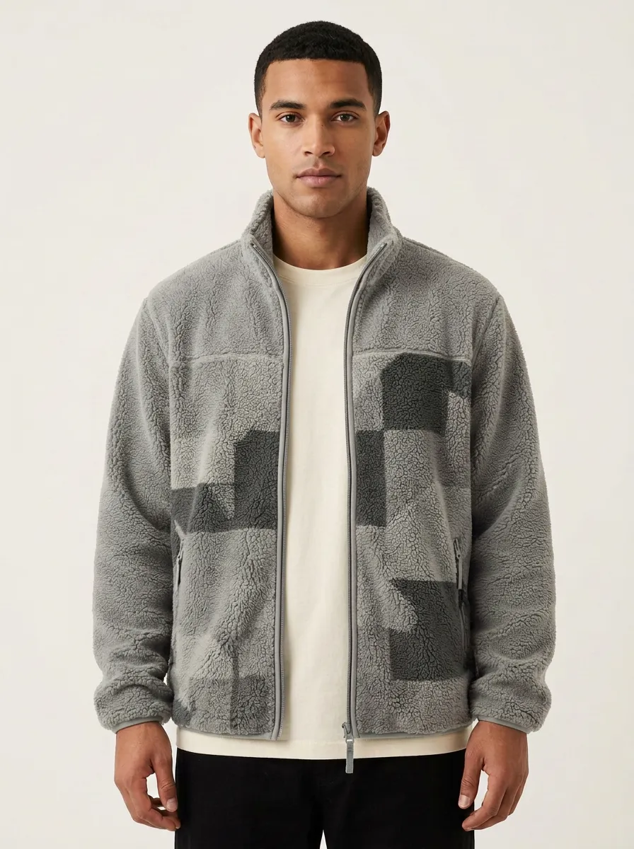 Geometric Patchwork Fleece Zip Jacket
