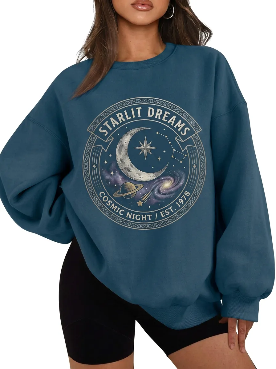 Women's Starlit Dreams Cosmic Night Moon Planet Printed T-shirt