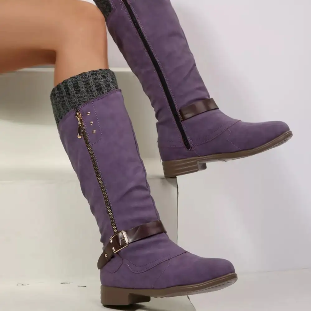 Ruffled Round Toe Block Heels Boots