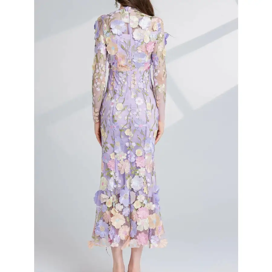 Embroidered Mesh Long Sleeve Midi Dress