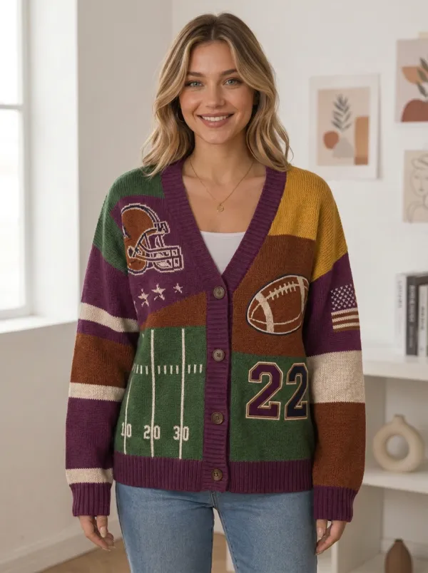 Women's Gridiron Helmet Ball Number Knit Cardigan
