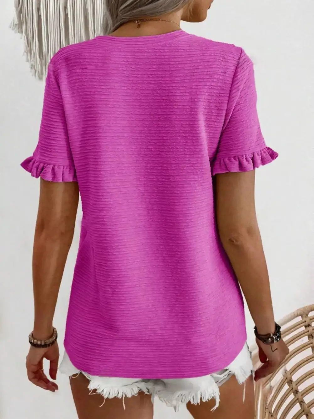 Textured Ruffle Sleeve Round Neck Blouse