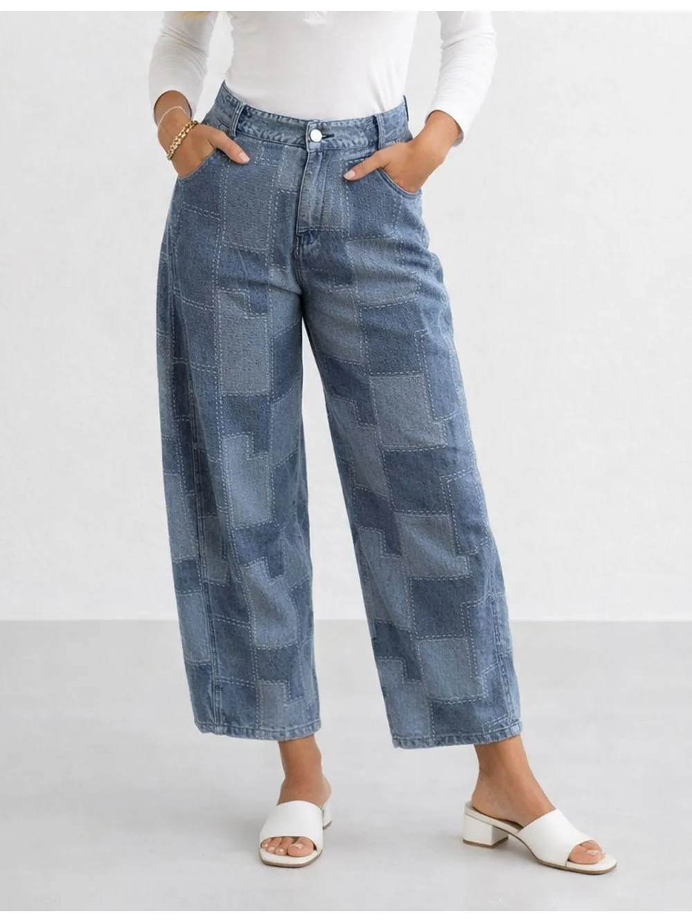Patch Pattern Button Front Barrel Leg Denim Pants
