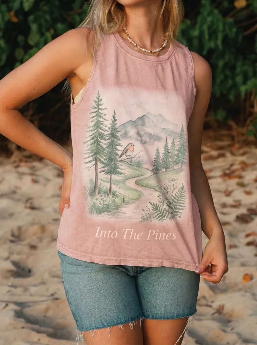 Women's Nature Lover Forest Bird Mountain Printed Tank Top