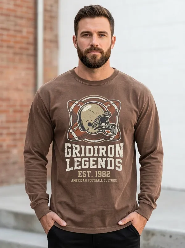 Classic Men's American Football Gridiron Legends Helmet Printed Long Sleeve T-Shirt