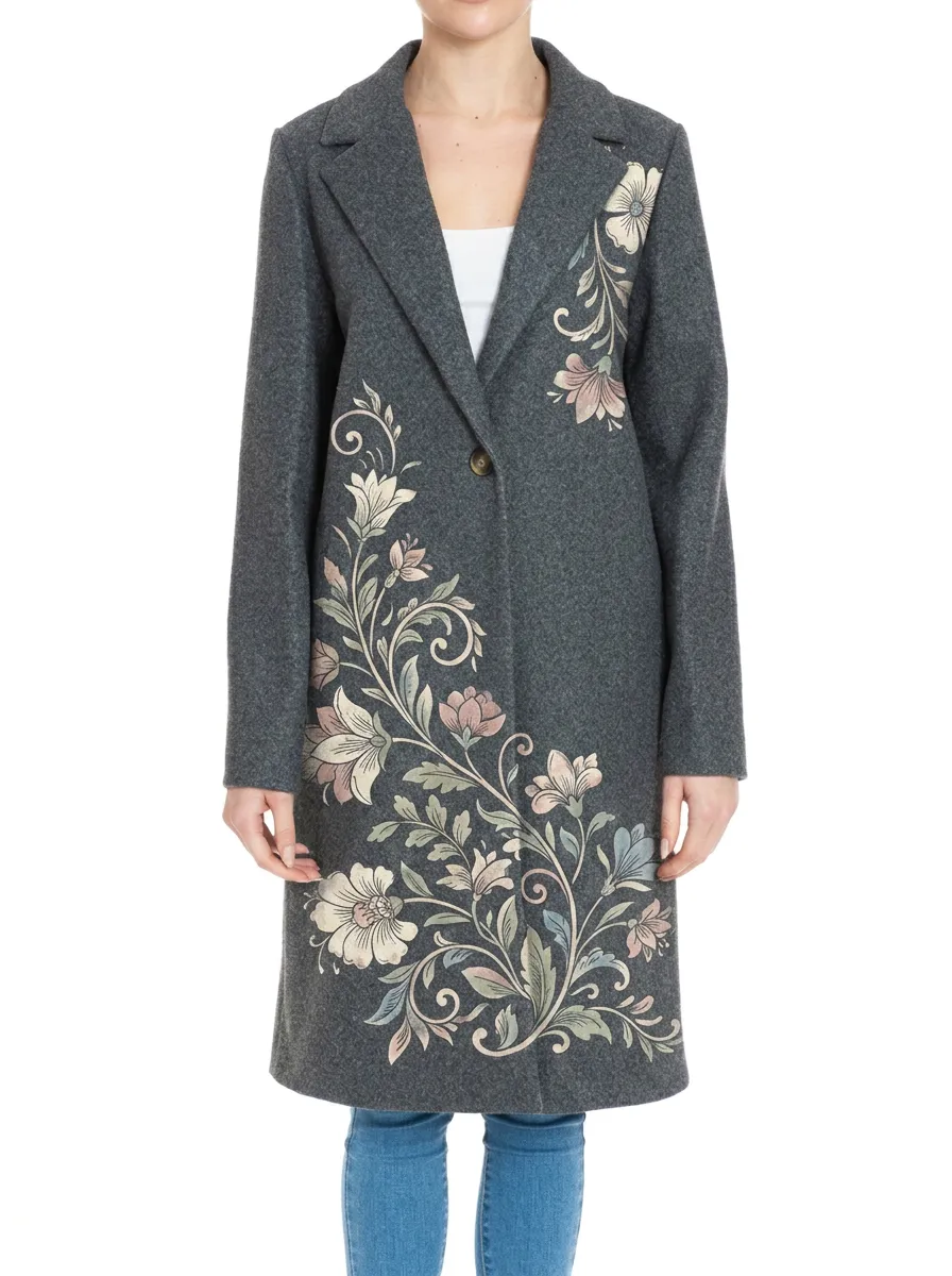 Women's Floral Art Vintage Style Printed Wool Coat