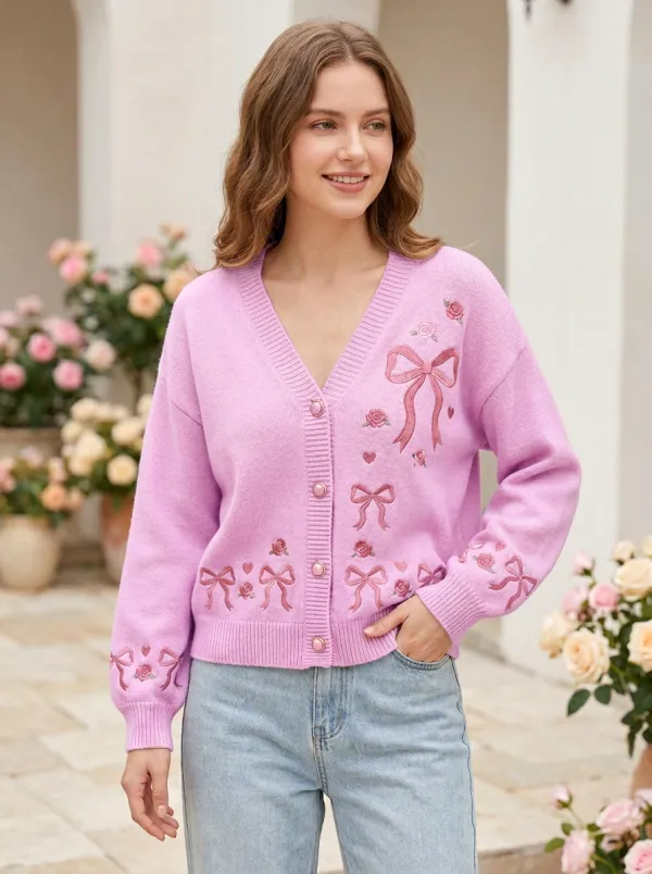 Women's Delicate Floral Embroidered Ribbon Bow Printed Cardigan