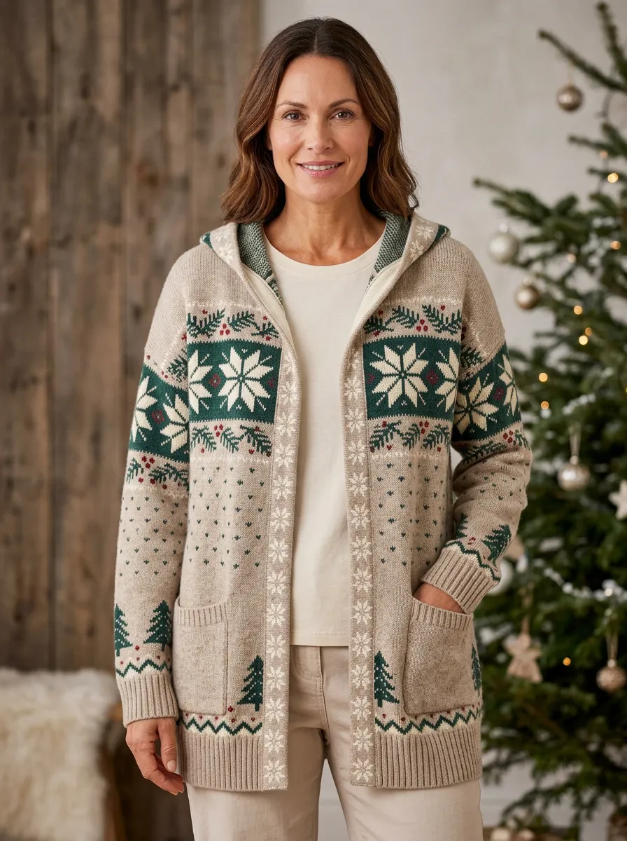 Christmas Snowflake Pine Tree Print Hooded Cardigan