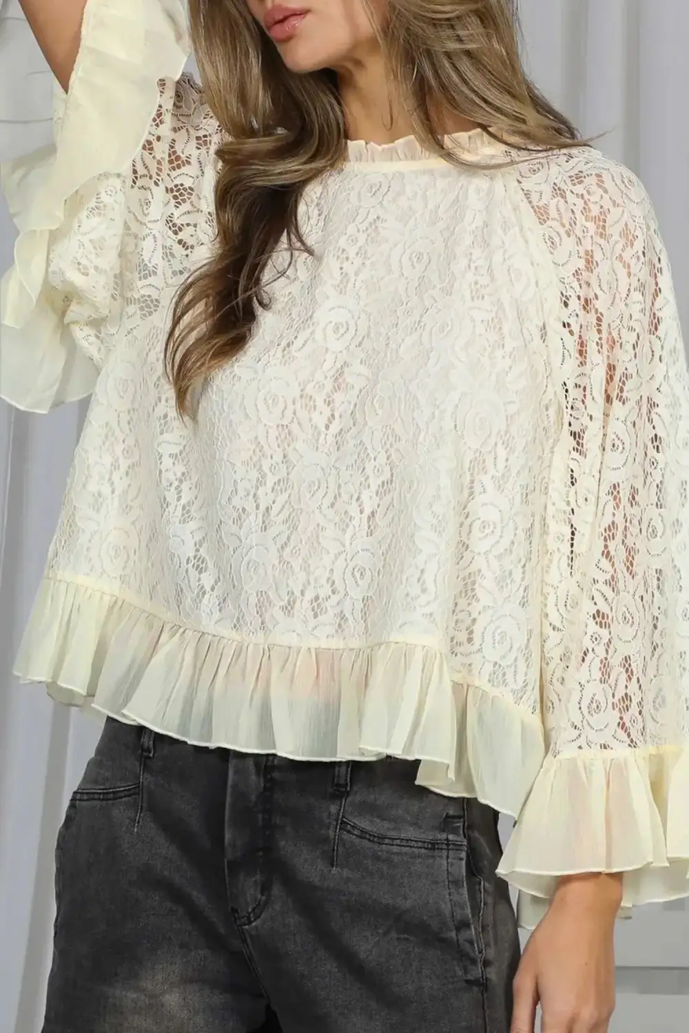 Soft Lace Detail Ruffle Sleeve Blouse