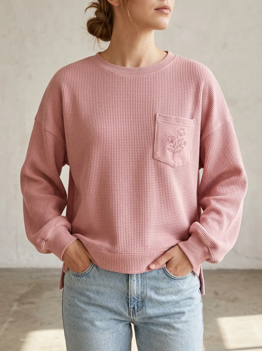 Women's Floral Minimalist Pocket Printed Waffle Knit Top