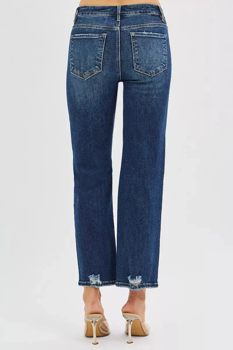 High Rise Crop Slim Straight Jenas With Hidden Knee Patch