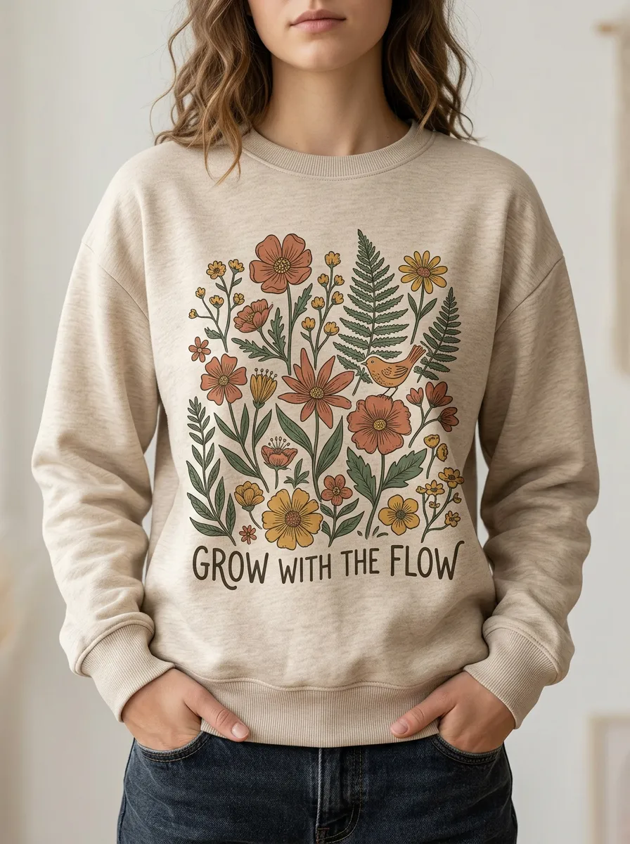 Women's Nature Lover Grow With The Flow Floral Bird Printed Sweatshirt
