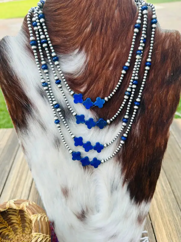 Cross Beaded Pearl Lapis Sterling Silver Necklace