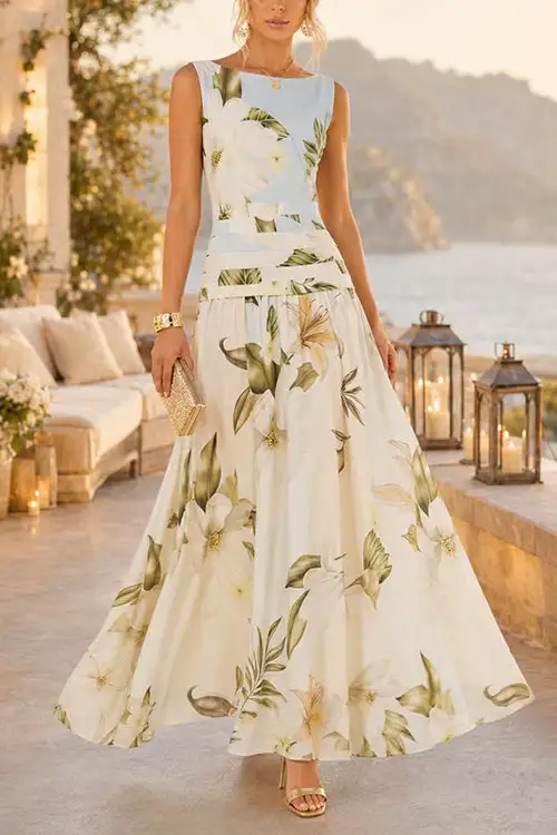 Margovil Boat Neck Sleeveless Floral Print A-line Maxi Dress