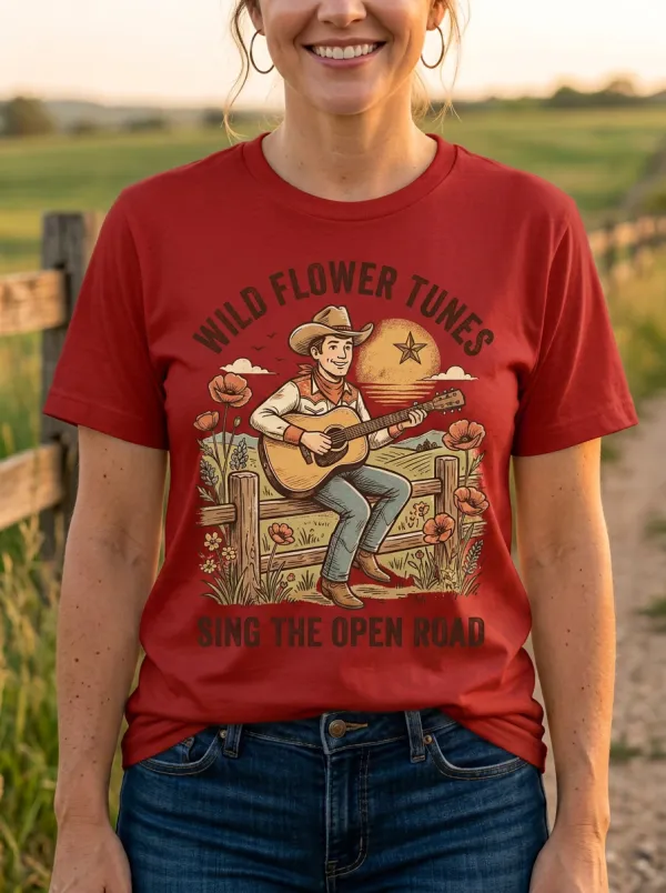 Guitar Cowboy Wildflower Country Music Crewneck T-Shirt
