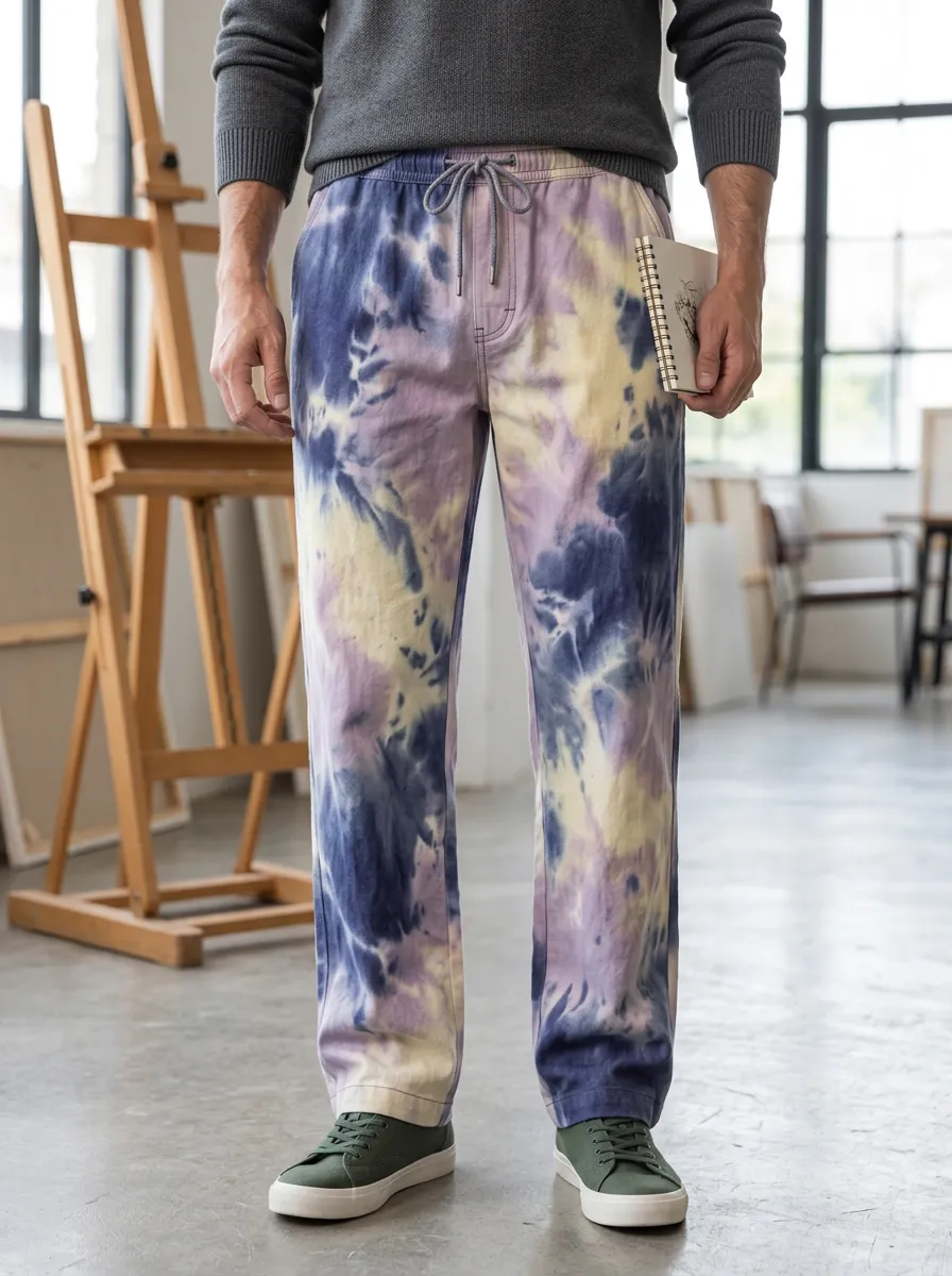 Men's Casual Style Purple Blue Yellow Tie-Dye Printed Pants