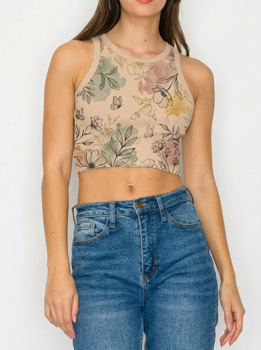 Women's Floral Butterfly Botanical Watercolor Printed Tank Top
