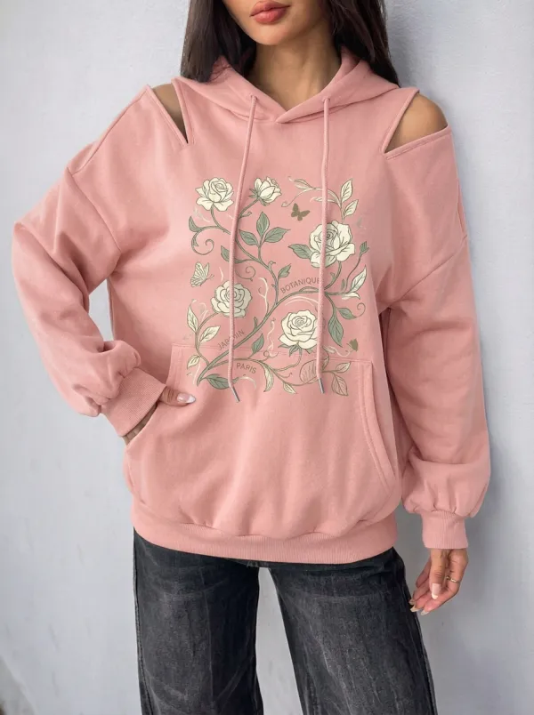 Women's Botanical Rose Garden Butterfly Printed Cold Shoulder Hoodie